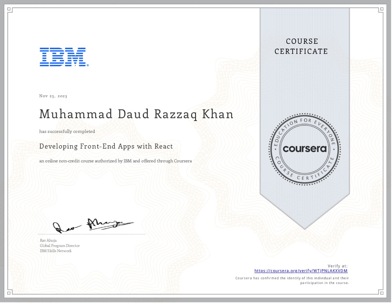 Developing Front-End with React.js Certificate
